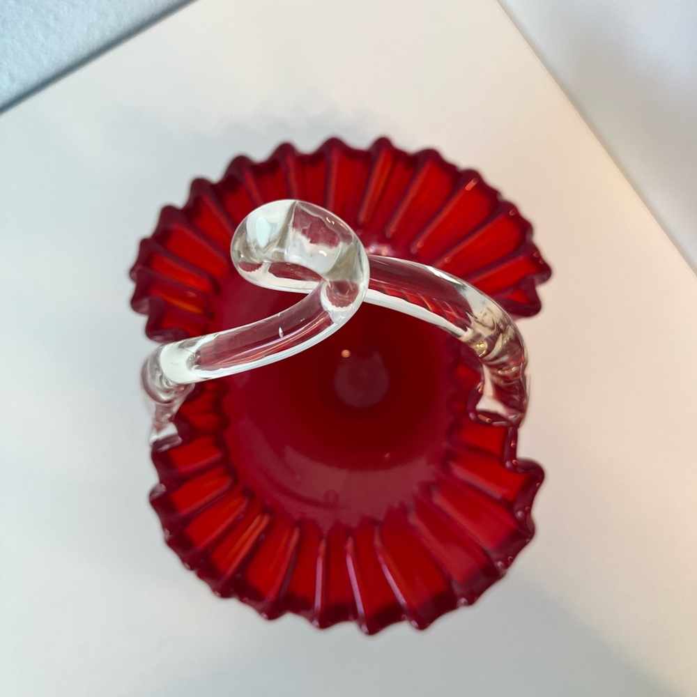 Fenton Scarlet Glass Art Basket Ruby Red Ruffled Crimped Edge & Clear Handle - Picture 5 of 6